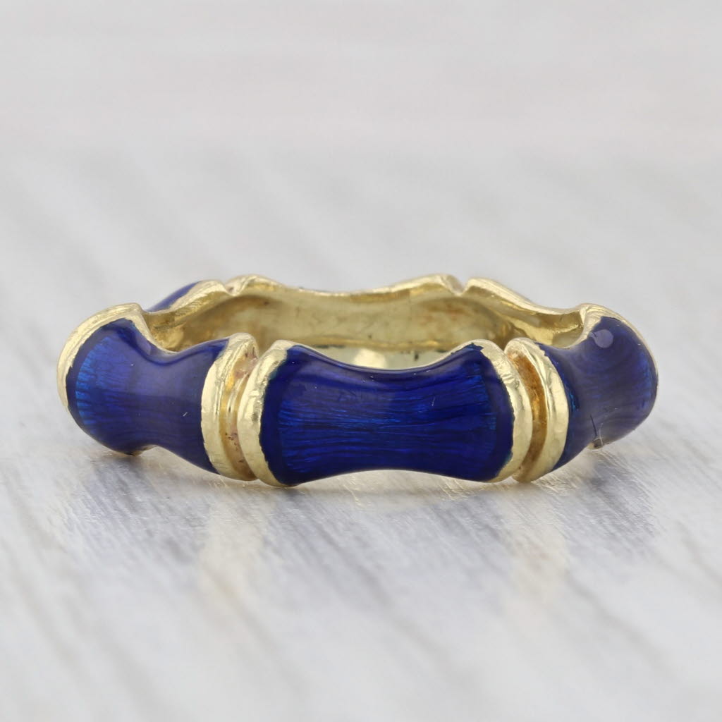 Rare Tiffany & Co Blue Enamel Bamboo Band Stackable Ring 18k Yellow Gold Sz 8.5
