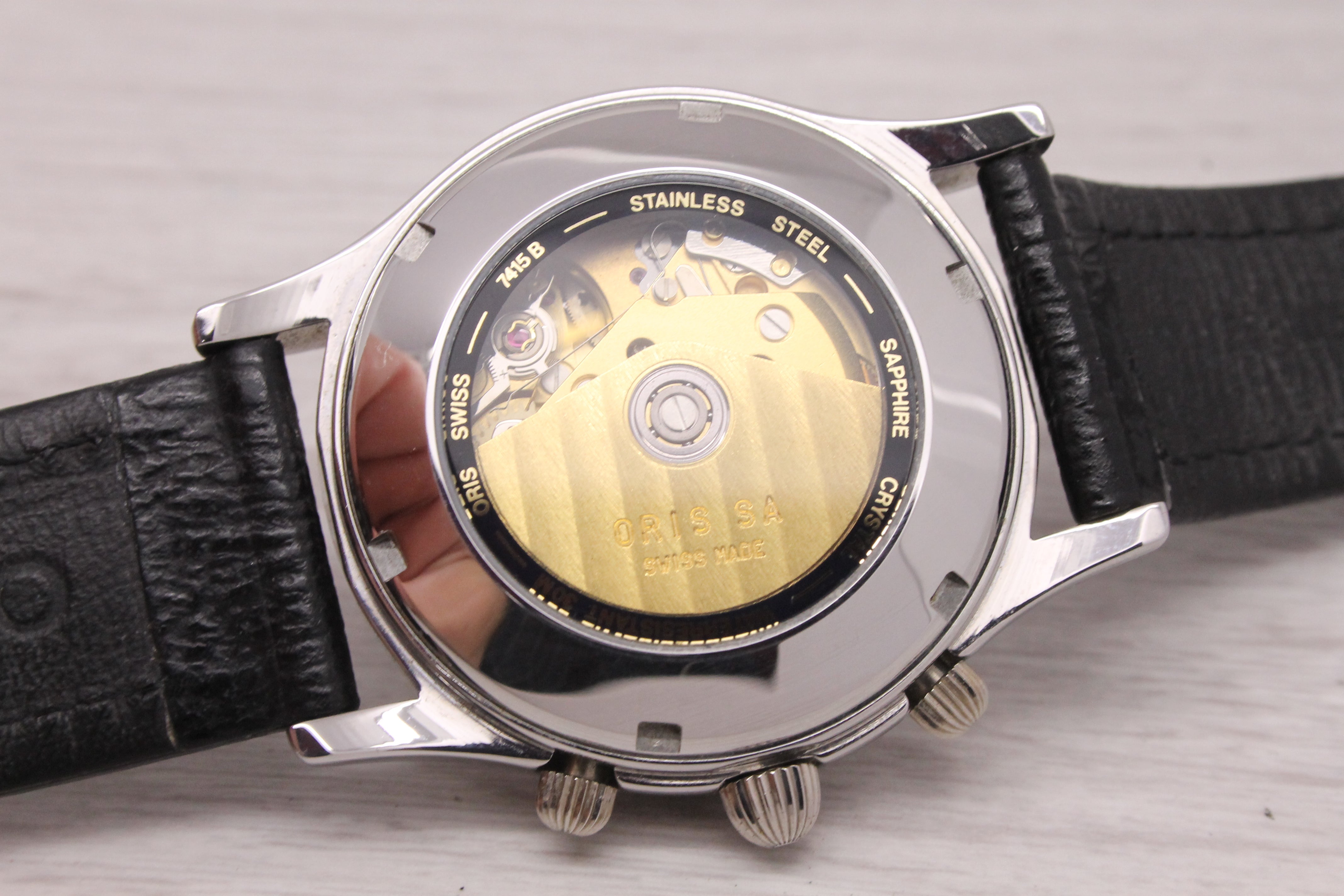Gray Oris 7415B Pilot 38mm Steel Automatic Chronograph Watch w Original Band & Box