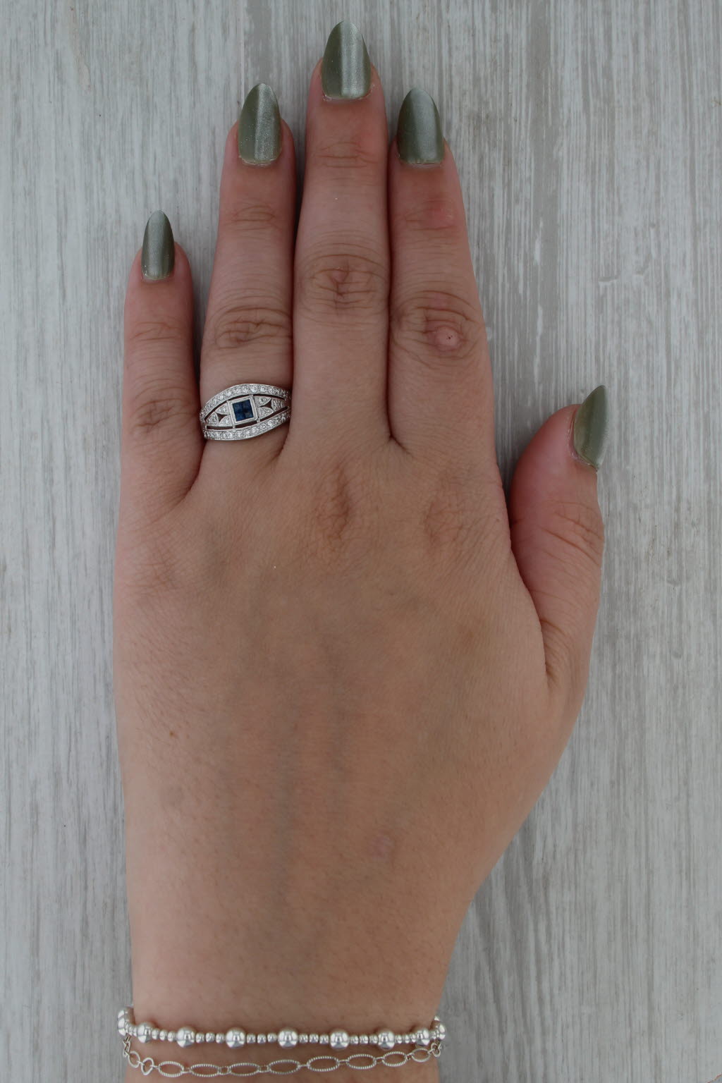 0.46ctw Blue Sapphire Diamond Ring Bridal Engagement 18k White Gold Size 6.75