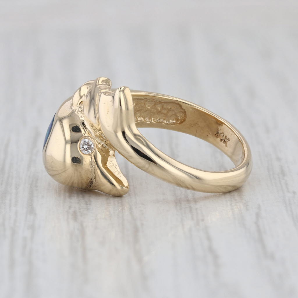 Lab Created Opal Diamond Dolphin Bypass Ring 14k Yellow Gold Size 6.75