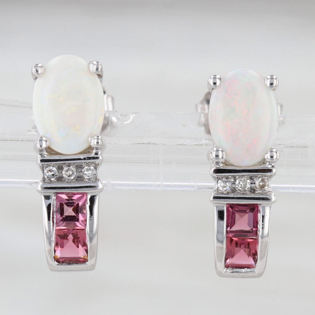 0.42ctw Opal Garnet Diamond J-Hook Earrings 14k White Gold Studs