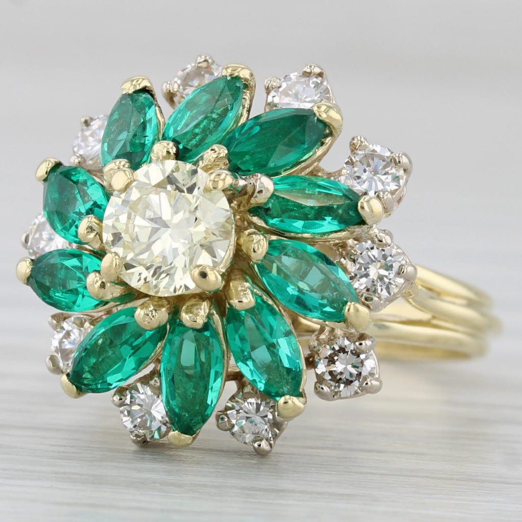 Gray 3.59ctw Lab Created Emerald Diamond Flower Ring 18k Gold Vintage Cocktail Sz 6.5