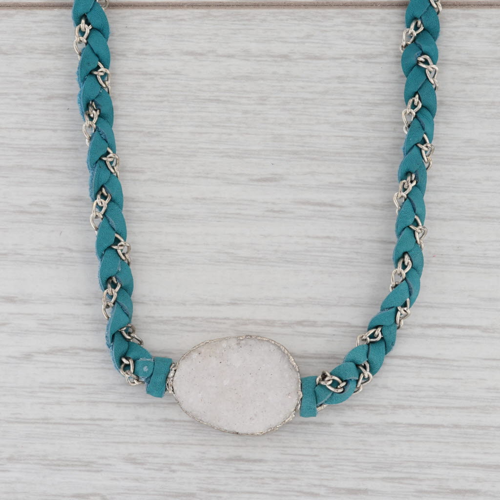 New Nina Wynn Necklace Cordelia Teal Leather White Druzy Quartz Pendant