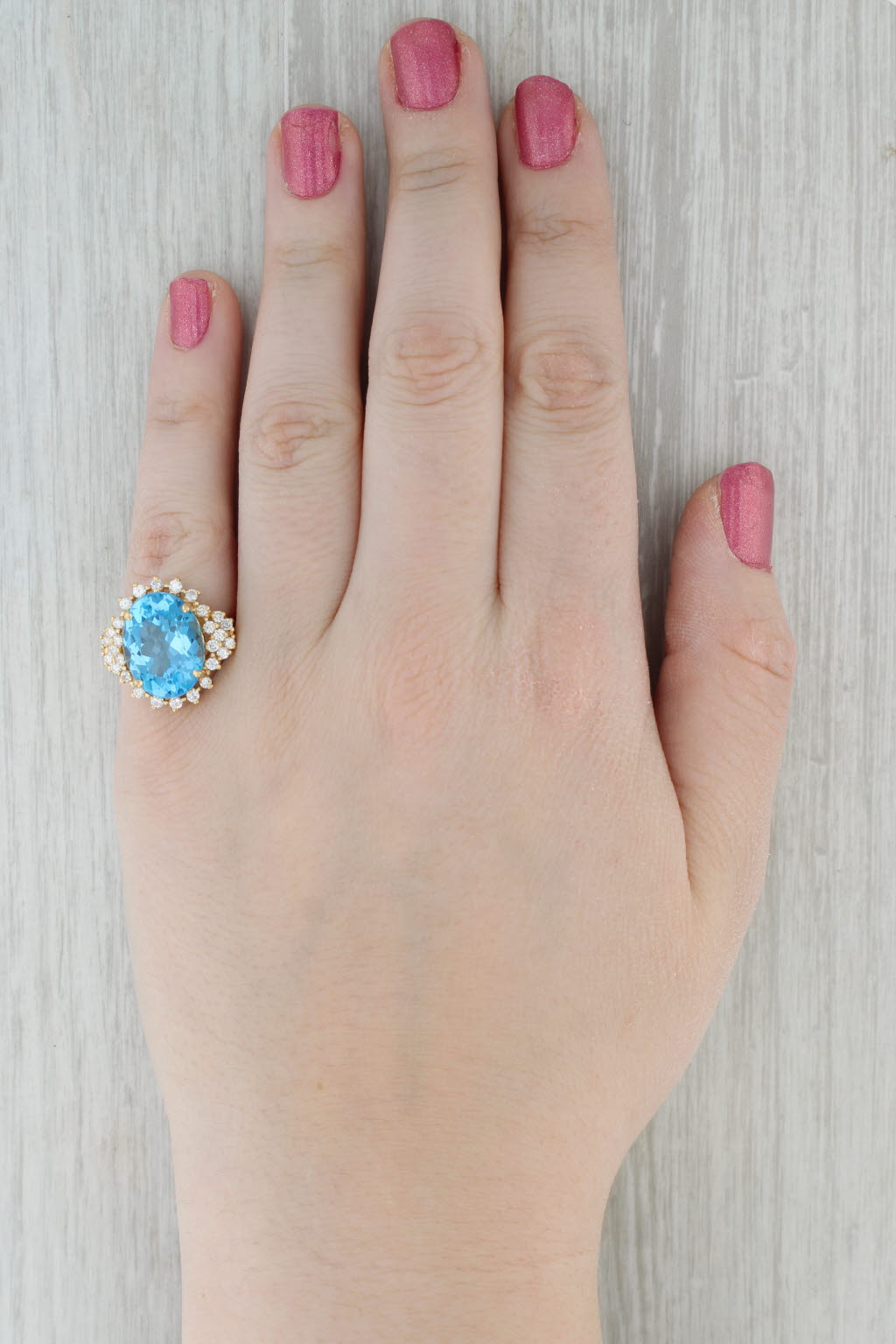 Spark Blue Topaz Diamond Halo Ring 18k Yellow Gold Size 6.5 Cocktail