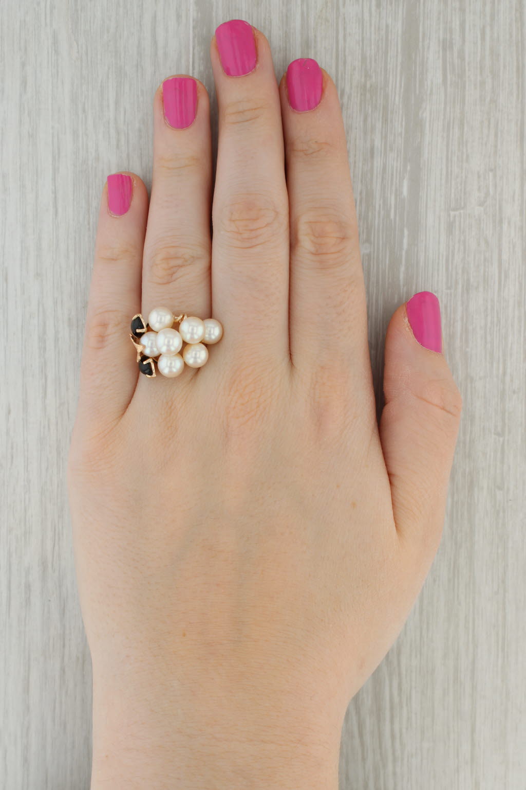 Dark Gray Black Coral Cultured Pearl Cluster Ring 14k Yellow Gold Size 7.5 Cocktail
