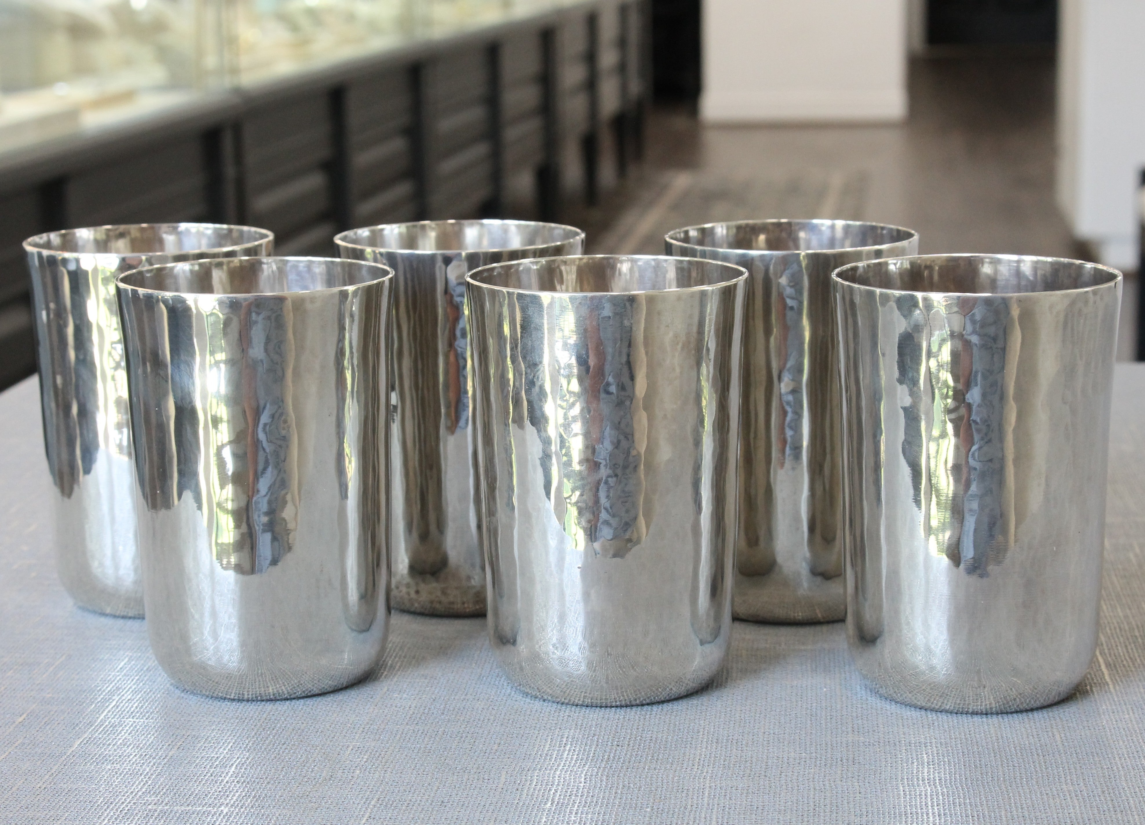 Dark Gray Tiffany & Co Set of 6 Goblets Sterling Silver 15602 4811 Hammered Cups Vintage