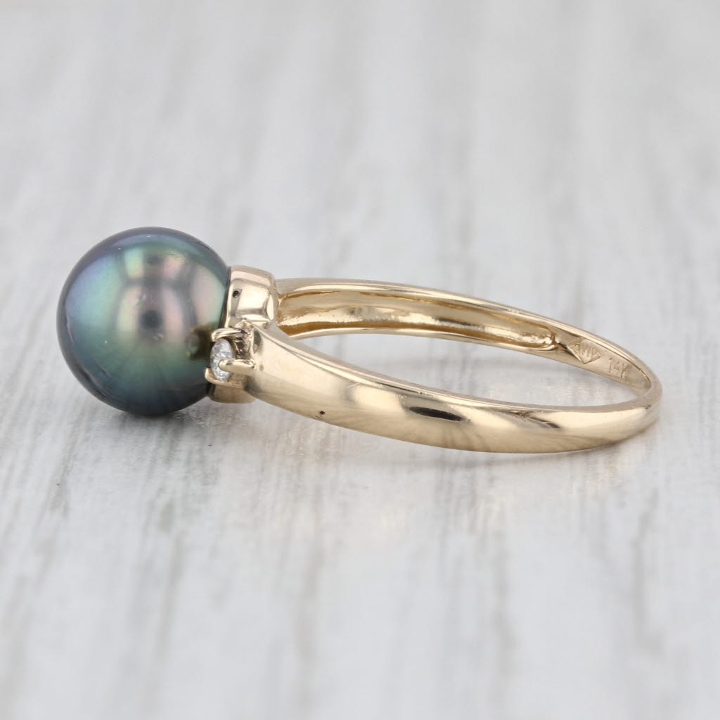 8.6mm Black Cultured Pearl Diamond Ring 14k Yellow Gold Size 7.25