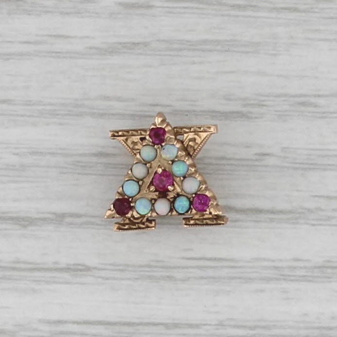 Delta Chi Badge 10k Gold Opal Ruby Vintage Fraternity Vintage Pin