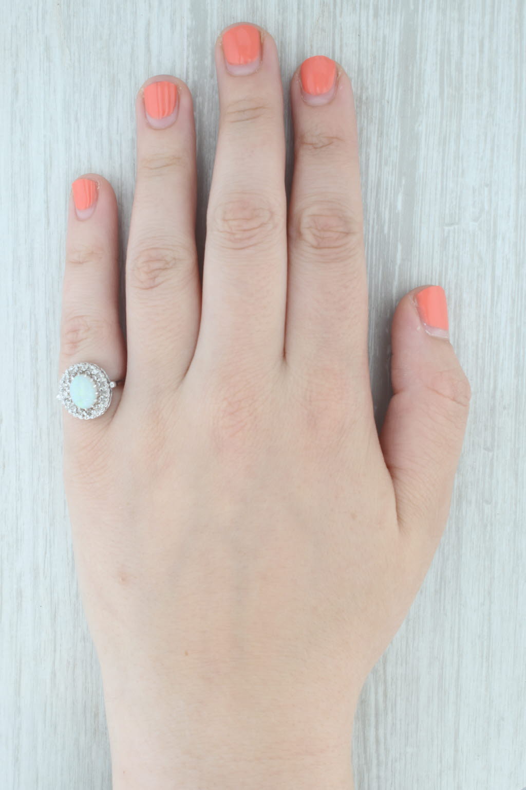 Oval Cabochon Opal Diamond Halo Ring 14k White Gold Size 6