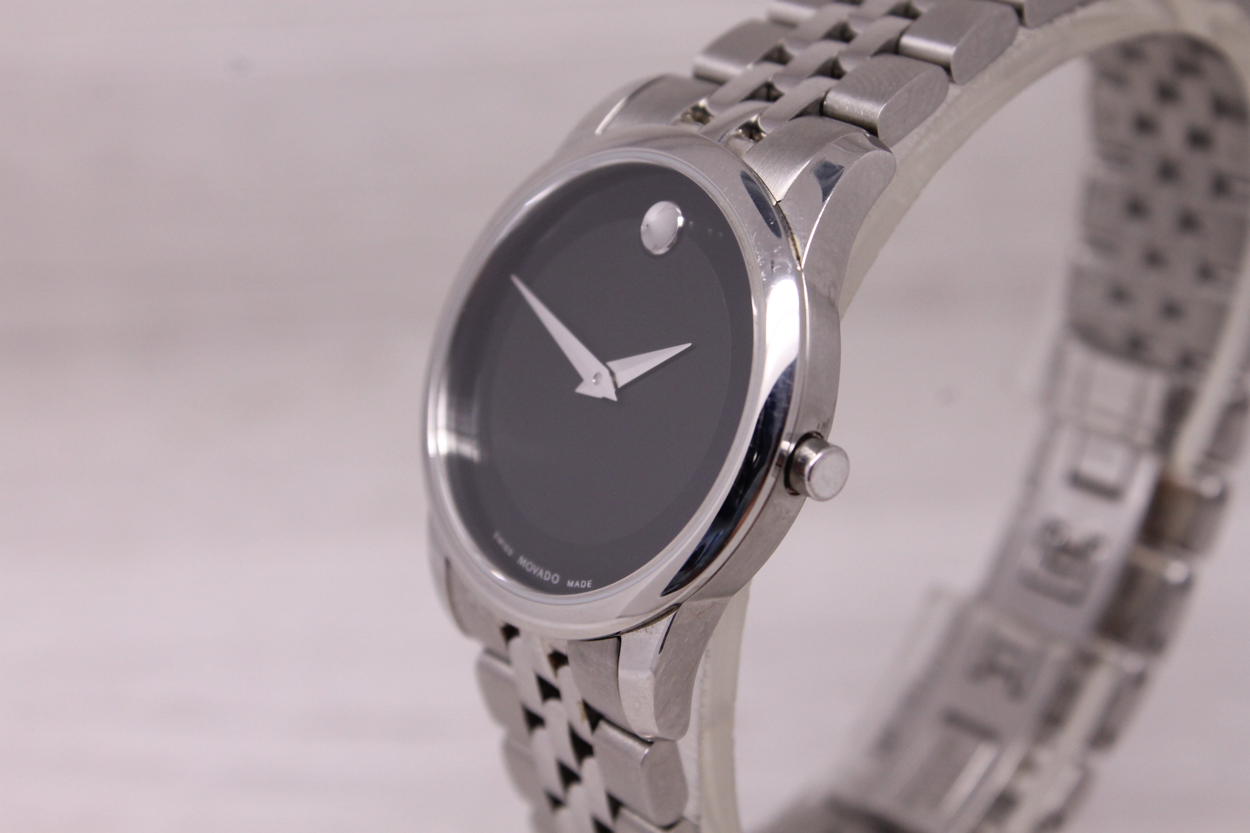 Movado Museum 28mm Black Dial Watch Stainless Steel Quartz Swiss 0606505