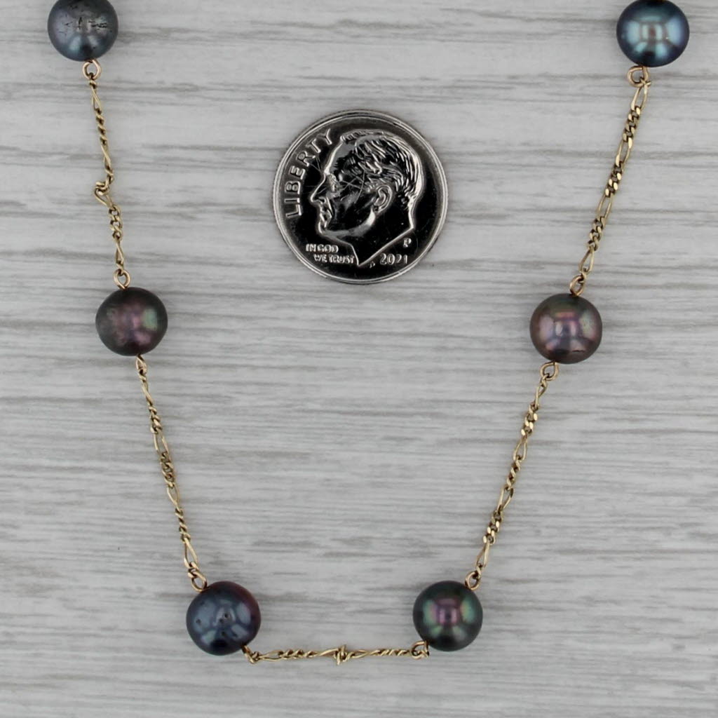 Black Cultured Pearl Station Necklace 14k Yellow Gold 17.5" Figaro Chain