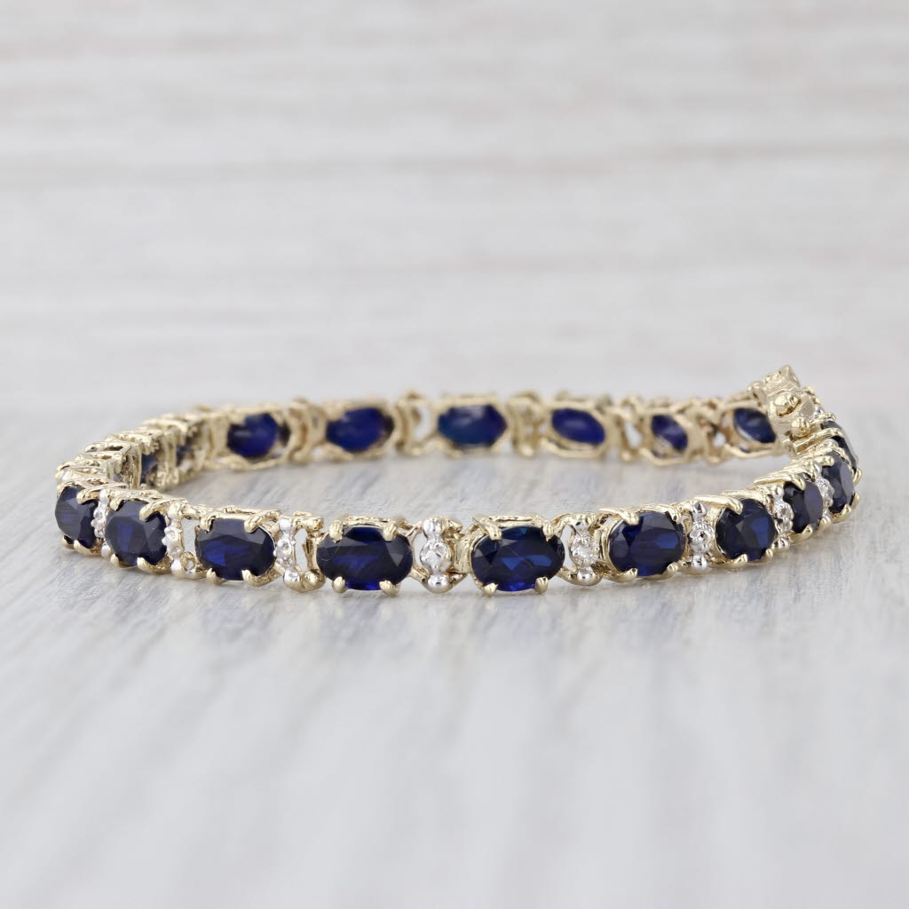 Lab Created Blue Sapphire Diamond Tennis Bracelet 10k Yellow Gold 6.75" 4.8mm