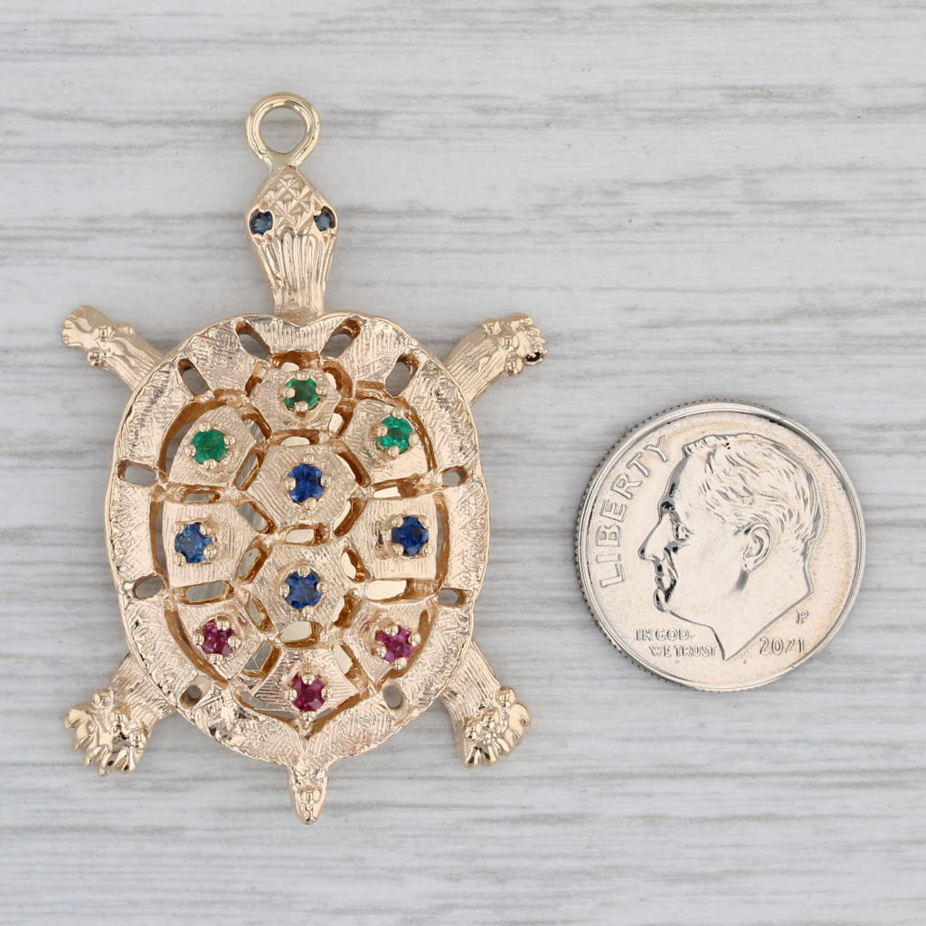 Gray 0.48ctw Gemstone Turtle Pendant 14k Yellow Gold Emerald Sapphire Ruby Charm