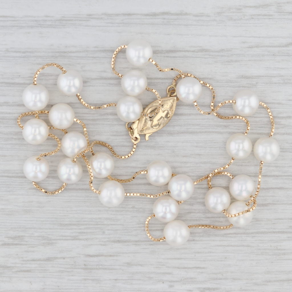 Disney Cultured Pearl Station Necklace 14k Yellow Gold 17" Box Chain