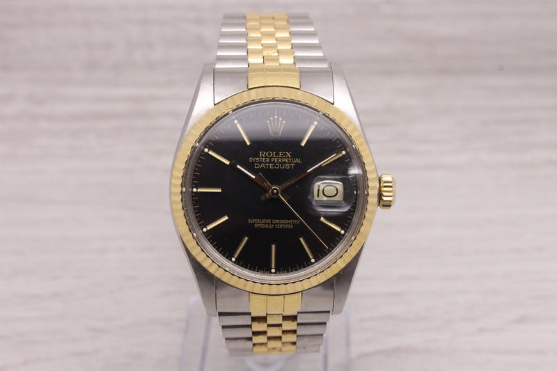 Vintage 1987 Rolex Datejust 16013 Mens 36mm Two Tone Watch Black Dial Box Papers