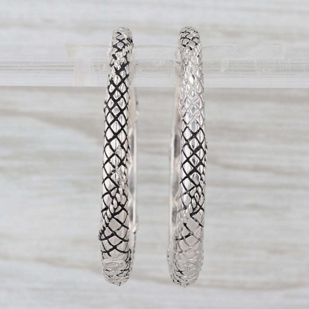 Candela Crosshatch Scale Pattern Hoop Earrings Sterling Silver Round Hoops