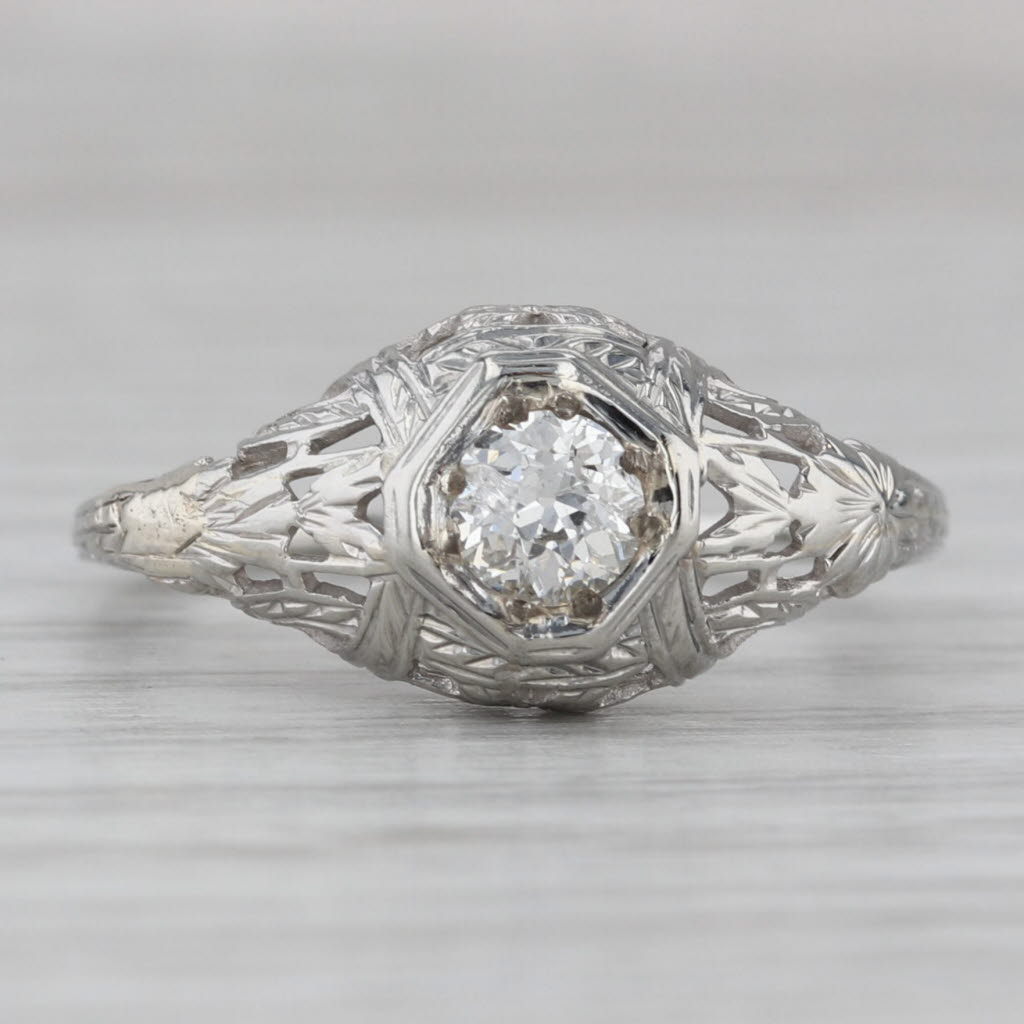 Gray Art Deco 0.33ct Diamond Engagement Ring 18k White Gold Size 6.5 Old European