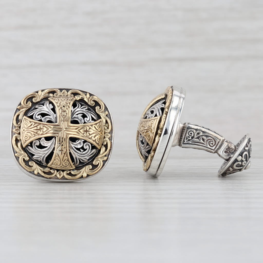 Ornate Openwork Cross Cufflinks Sterling Silver 18k Yellow Gold Konstantino