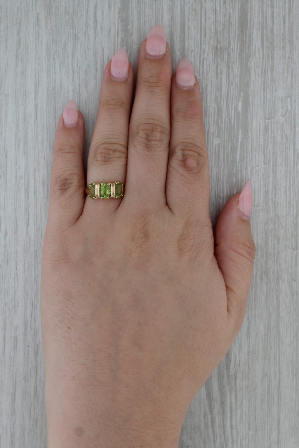 2.30ctw Peridot 3 Stone Ring 14k Yellow Gold Size 7