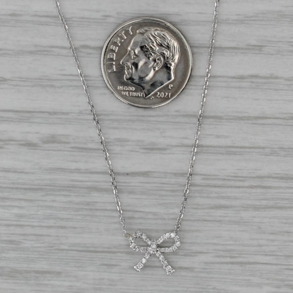 Diamond Bow Pendant Necklace 14k White Gold Cable Chain 16.25"