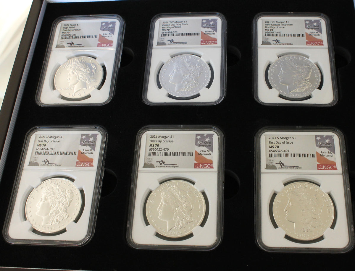 2021 $1 Morgan (5) & Peace (1) Silver Dollar Set NGC First Day of Issue MS70