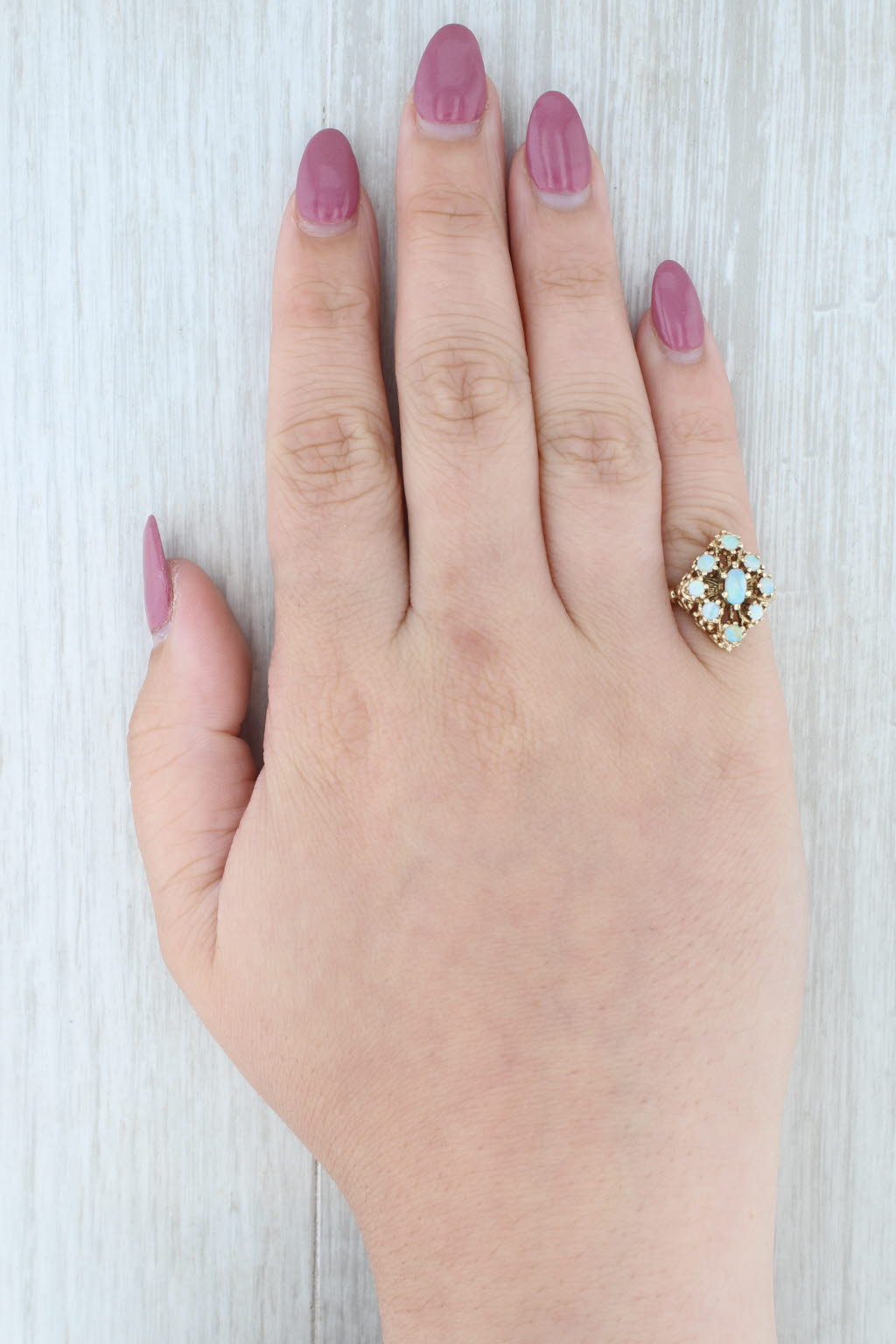 Light Gray Vintage Opal Cluster Ring 14k Yellow Gold Size 4.25 Cocktail
