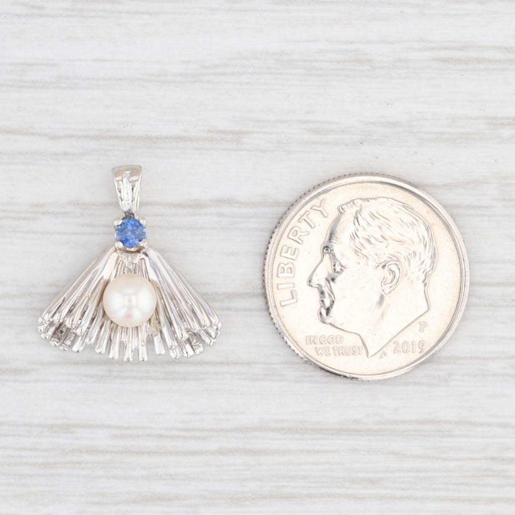 Light Gray Cultured Pearl Blue Sapphire Fan Pendant 14k White Gold Drop