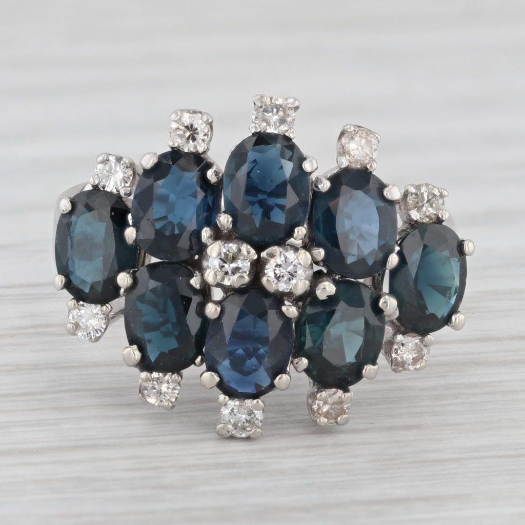 Light Gray 4.25ctw Blue Sapphire Diamond Cluster Ring 14k White Gold Size 8 Cocktail