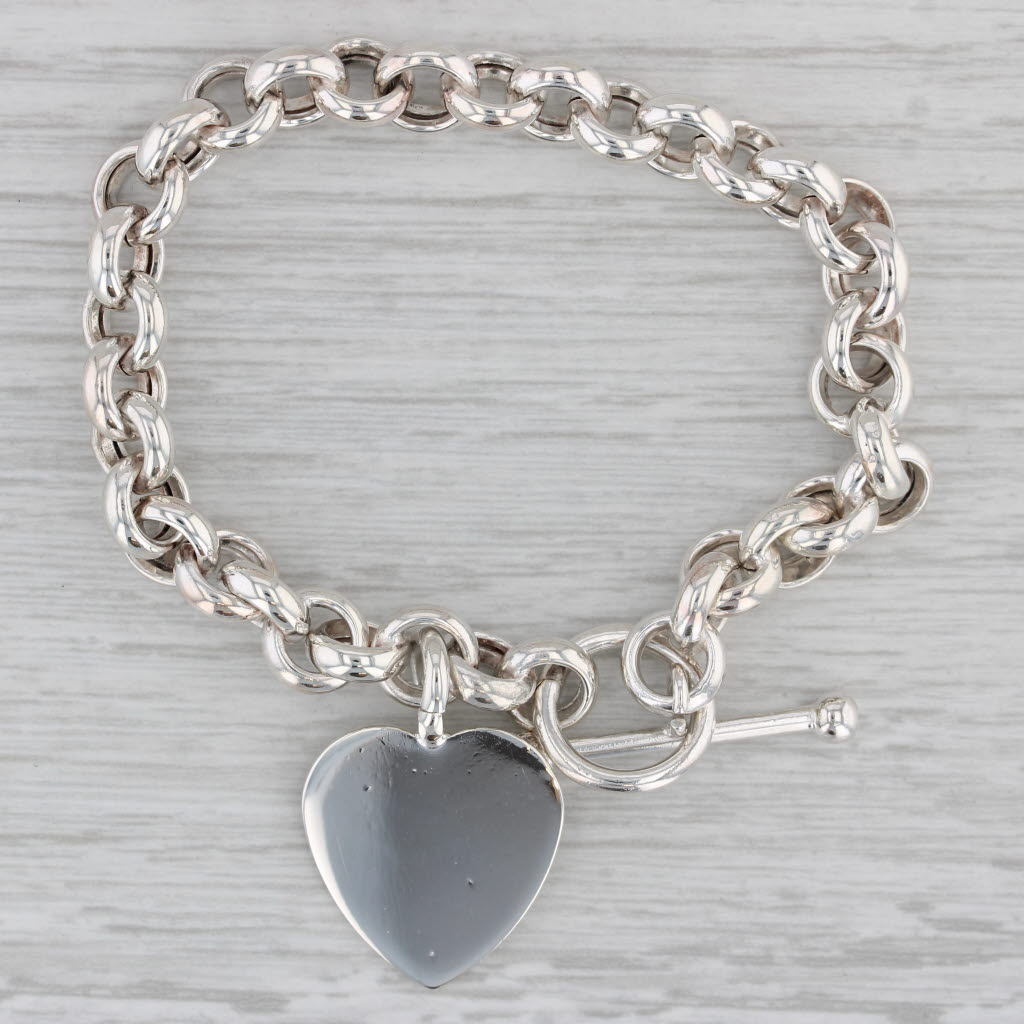 Gray Engravable Heart ID Charm Bracelet Sterling Silver 7" Cable Chain Toggle Clasp