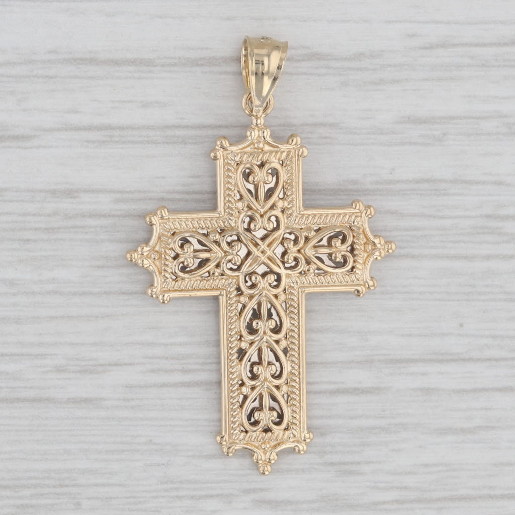 Light Gray Reversible Ornate Cross Pendant 14k Yellow White Gold Filigree Style