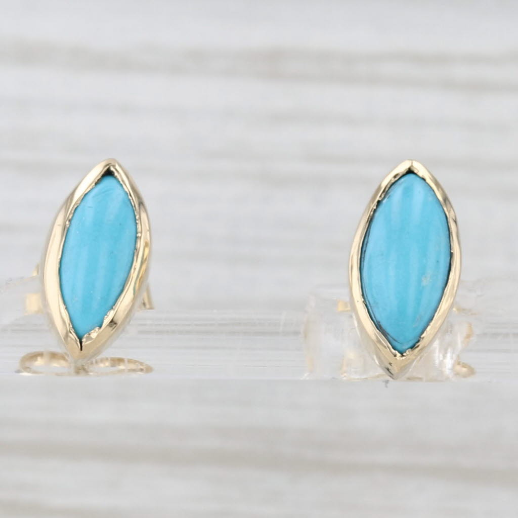 Light Gray Vintage Marquise Cabochon Turquoise Stud Earrings 14k Yellow Gold