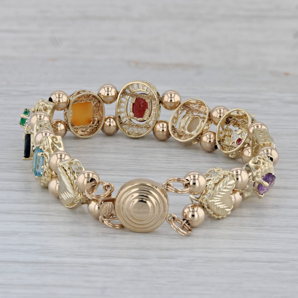 Gray Gemstones Slide Charm Bracelet 10k Gold 7.25" Cameo Amethyst Emerald Topaz Opal