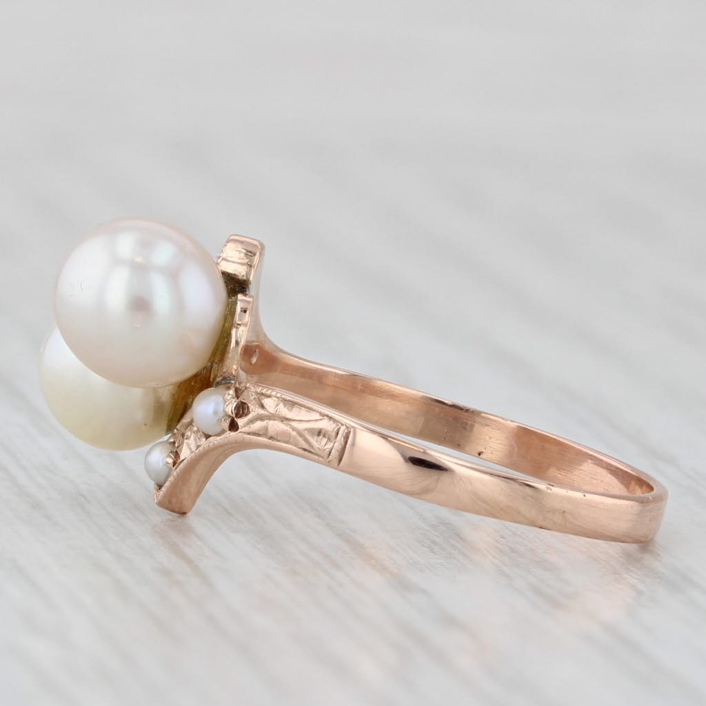 Light Gray Vintage Cultured Pearl Bypass Ring 10k Rose Gold Size 6.25