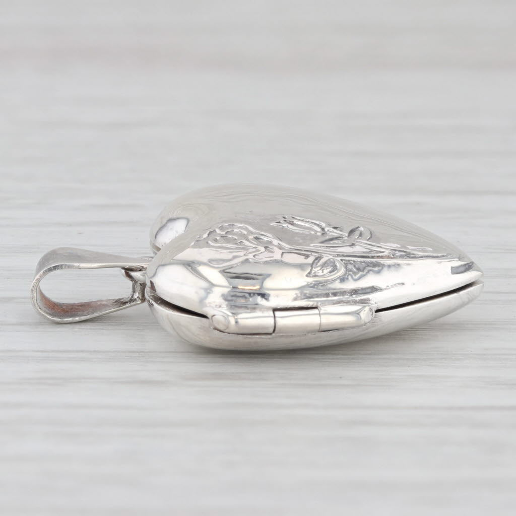 Light Gray Floral Heart Locket Pendant Sterling Silver Engraved Flowers Opens Engravable