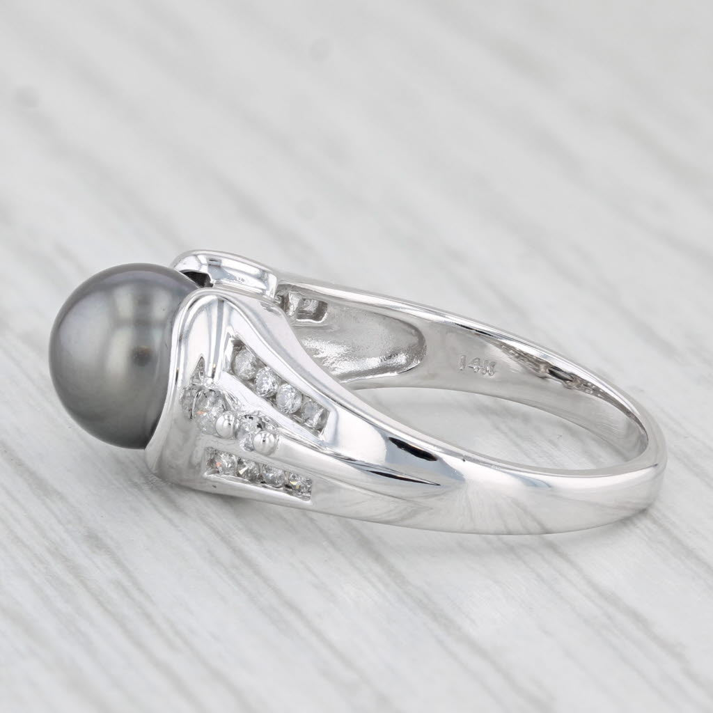 Light Gray Black Cultured Pearl 0.26ctw Diamond Ring 14k White Gold Size 7.25