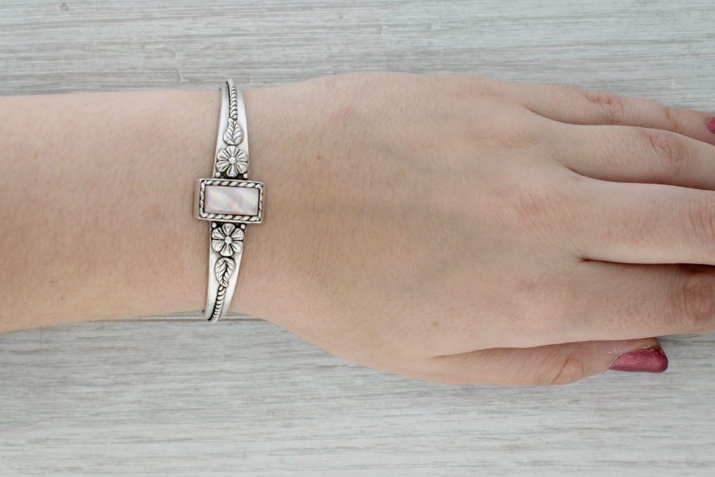 Dark Gray Pink Mother of Pearl Floral Cuff Bracelet Sterling Silver Relio Southwestern 7"