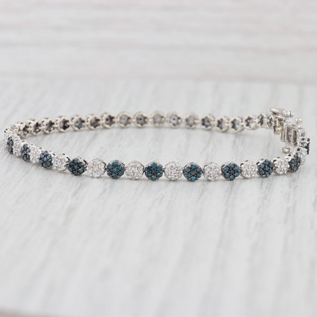 Light Gray 1.02ctw Blue White Diamond Flower Cluster Tennis Bracelet 10k White Gold 7"