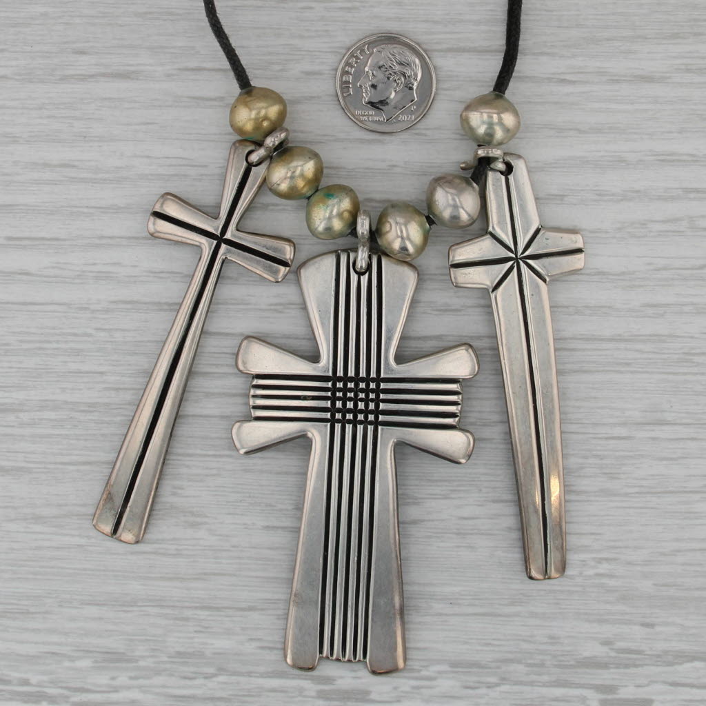 Cippy Crazy Horse Cochiti Triple Cross Beads Pendants Necklace Sterling Silver