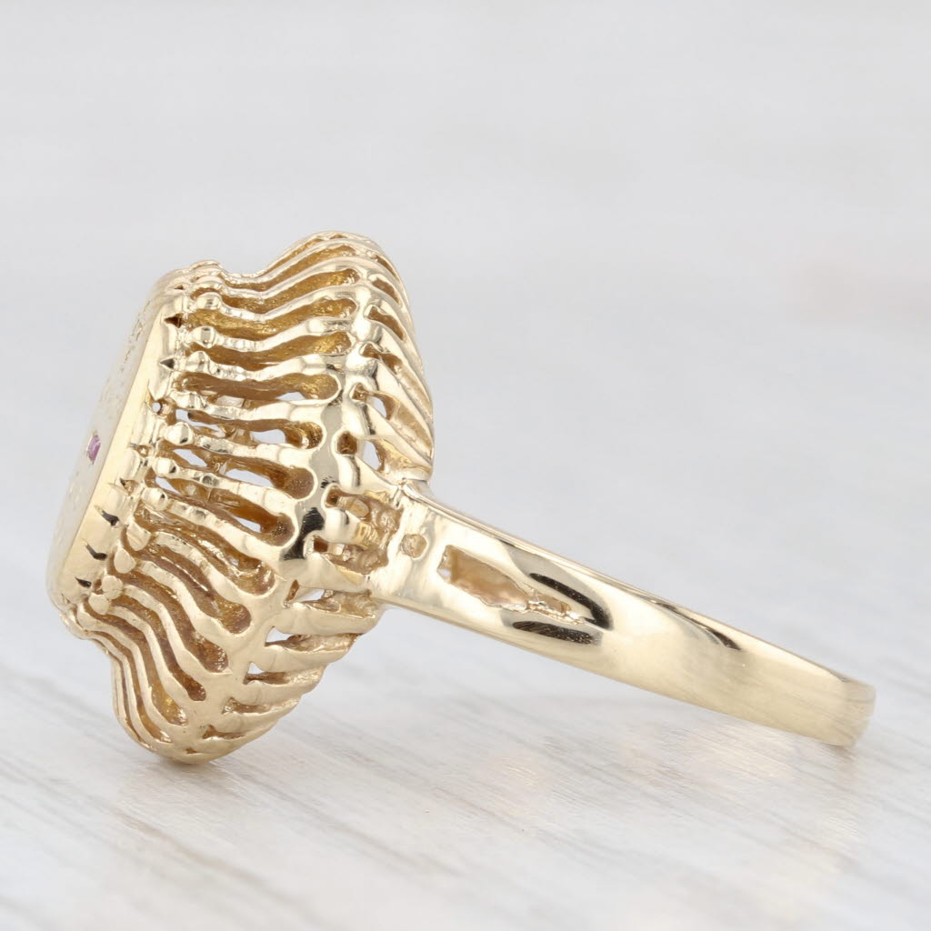 Light Gray Qu'Hier Que Demain French Love Poem Ring 14k Gold Diamond Plus Ruby Minus AS IS
