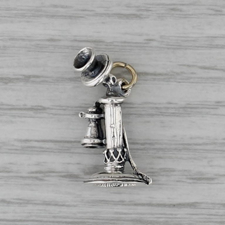 Vintage Old Timey Telephone Charm Sterling Silver 3D Pendant