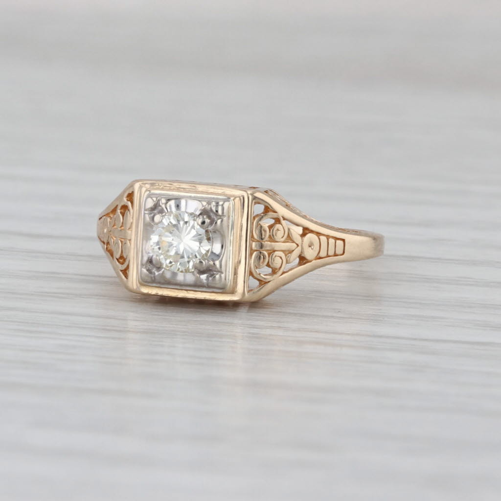 Vintage 0.25ct Diamond Solitaire Ring 14k Yellow Gold Ornate Art Deco Engagement