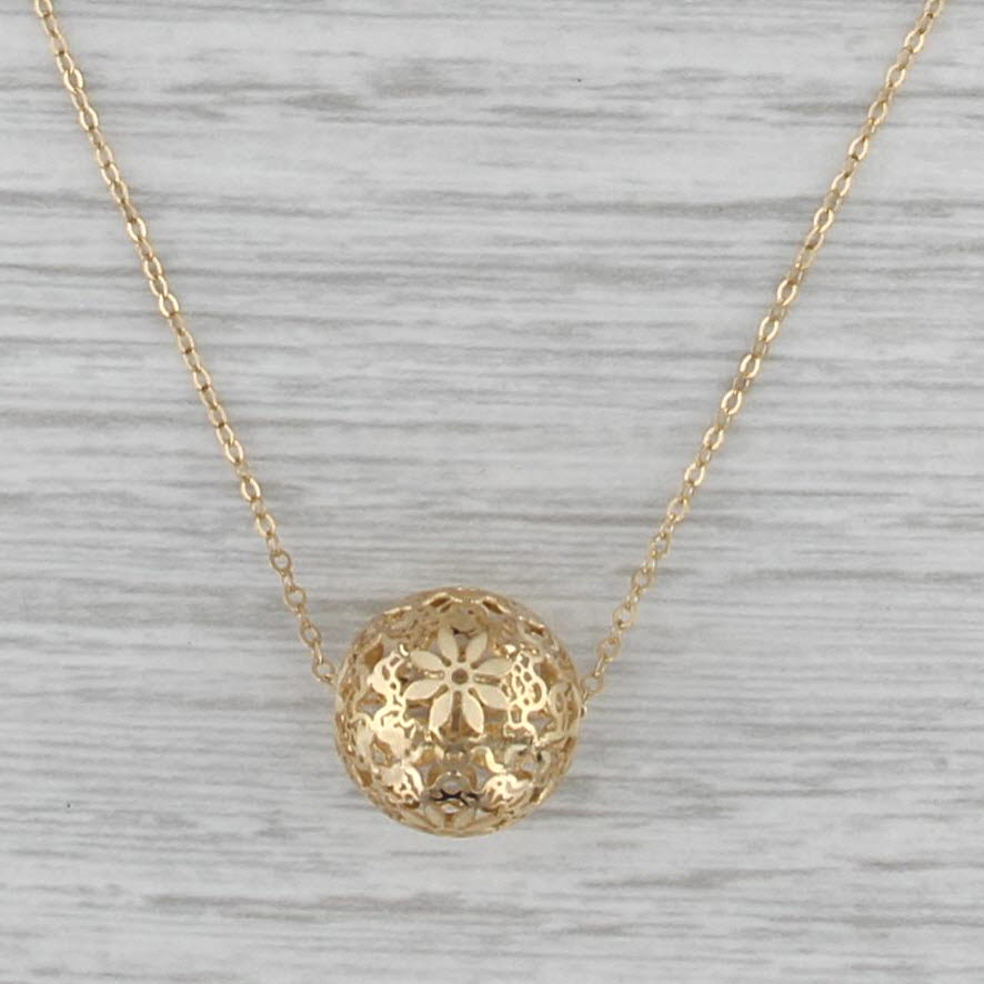 Openwork Flower Bead Pendant Necklace 14k Yellow Gold 16" Cable Chain