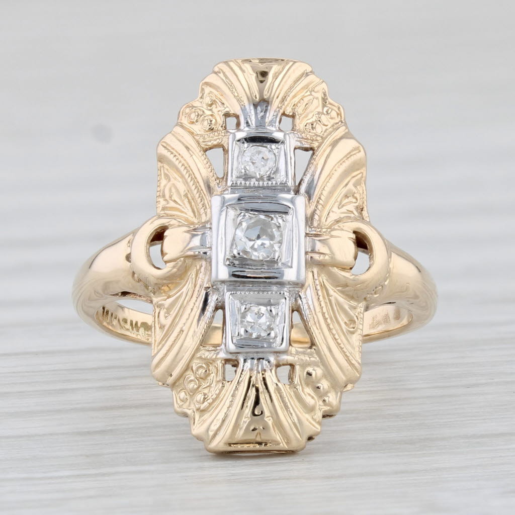 Light Gray Vintage Diamond Ring 14k Yellow Gold Size 4.25 3-Stone