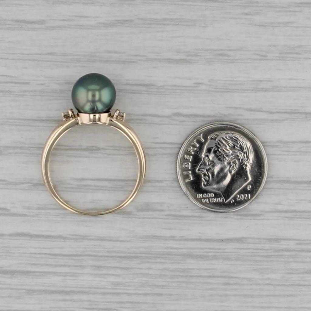 8.6mm Black Cultured Pearl Diamond Ring 14k Yellow Gold Size 7.25