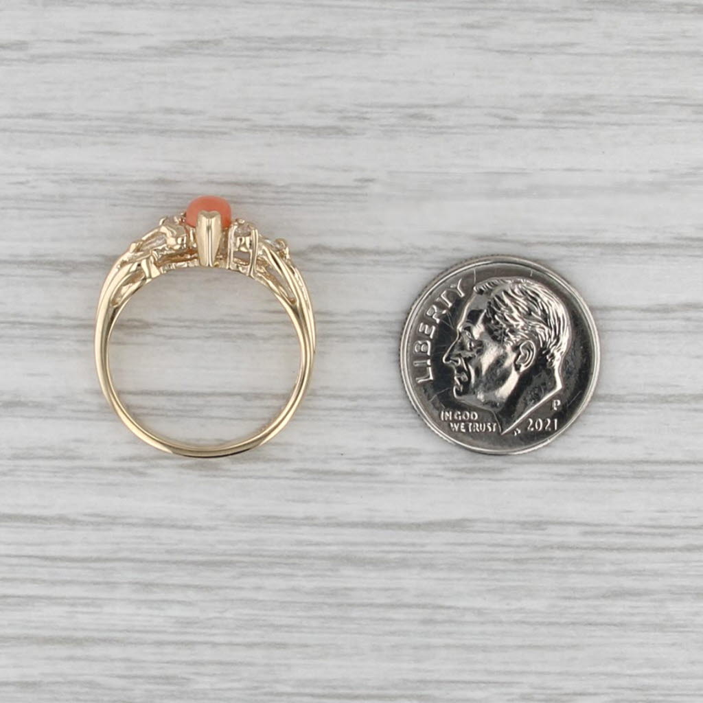 0.16ctw Coral Navette Cabochon Diamond Ring 14k Yellow Gold Size 6