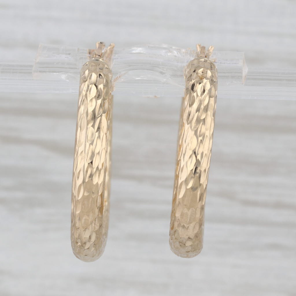 Textured Pattern Hoop Earrings 14k Yellow Gold Snap Top Round Hoops