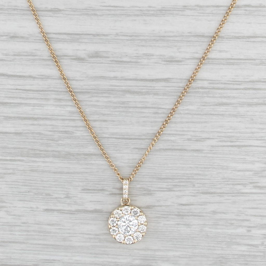 0.87ctw Diamond Halo Circle Pendant Necklace 14k Yellow Gold 17.75" Curb Chain