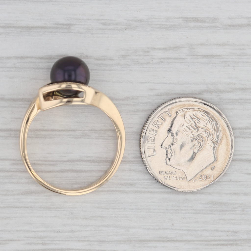 Light Gray Black Cultured Pearl Diamond Ring Bypass Ring 14k Yellow Gold size 6.25
