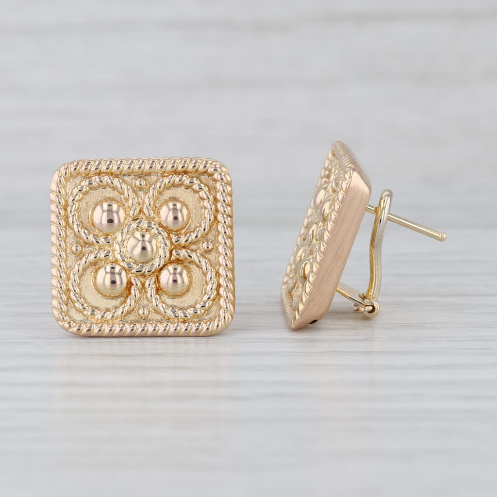 Milor Italy Ornate Square Stud Earrings 14k Yellow Gold Omega Backs Light Weight