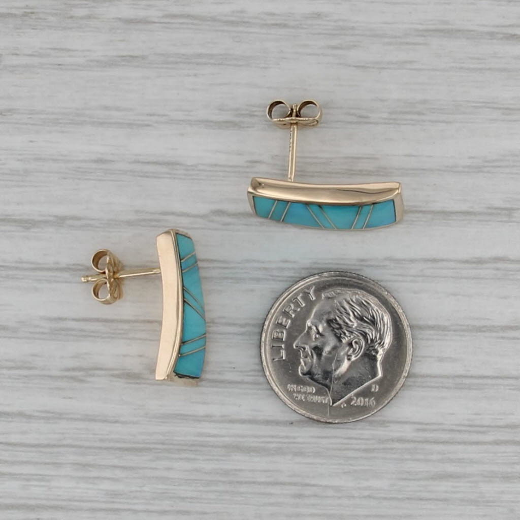 Turquoise Mosaic Earrings 14k Yellow Gold Artisan Signed